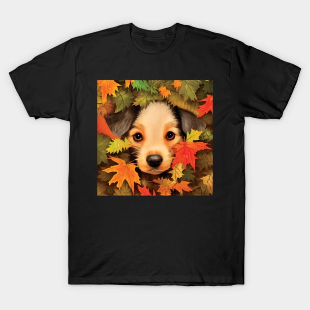 An Adorable Puppy in Beautiful Autumn Leaves T-Shirt by Geminiartstudio